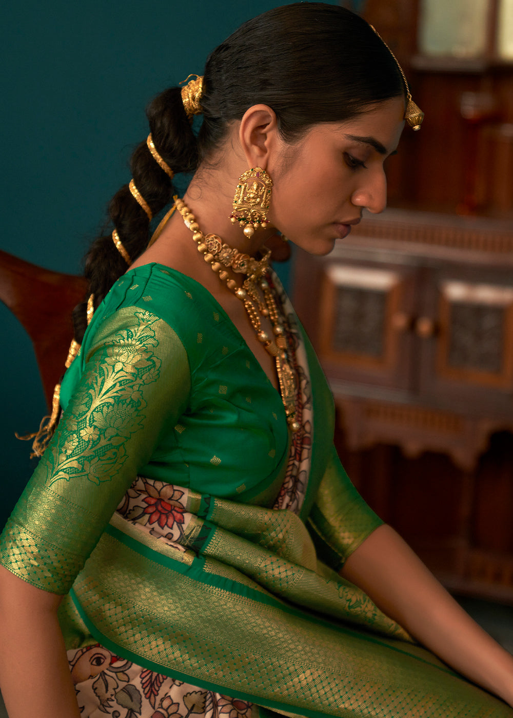 White & Green Tussar Silk Saree with kalamkari Print