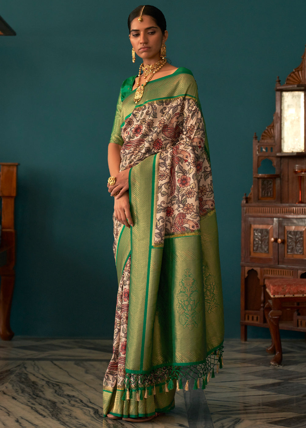 White & Green Tussar Silk Saree with kalamkari Print