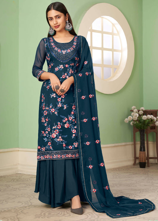 Space Blue Georgette Salwar Suit with Multi Colour Thread Embroidery & Sequence work