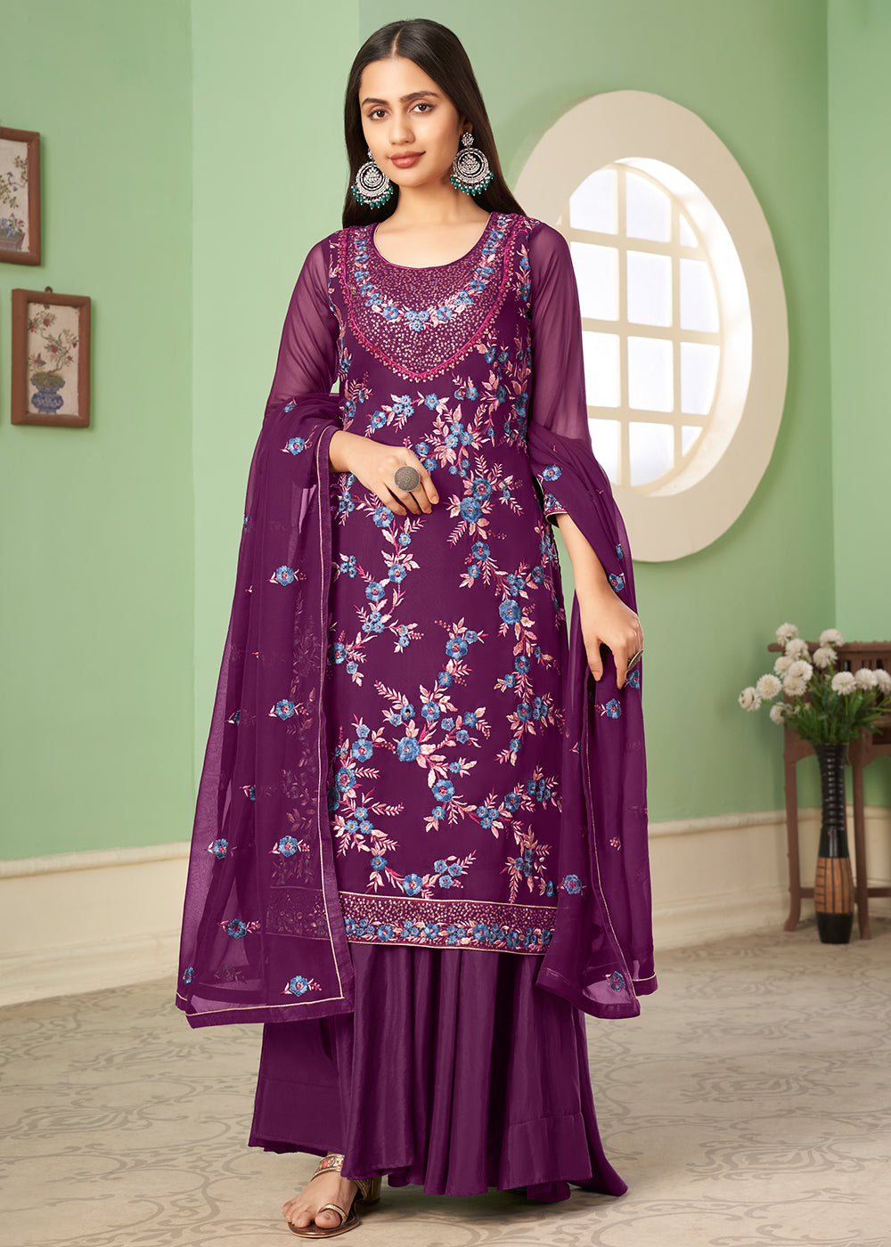 Lollipop Purple Georgette Salwar Suit with Multi Colour Thread Embroidery & Sequence work