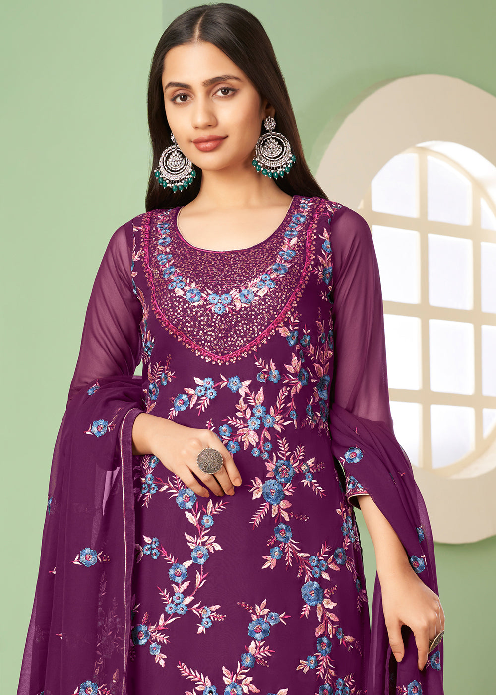 Lollipop Purple Georgette Salwar Suit with Multi Colour Thread Embroidery & Sequence work