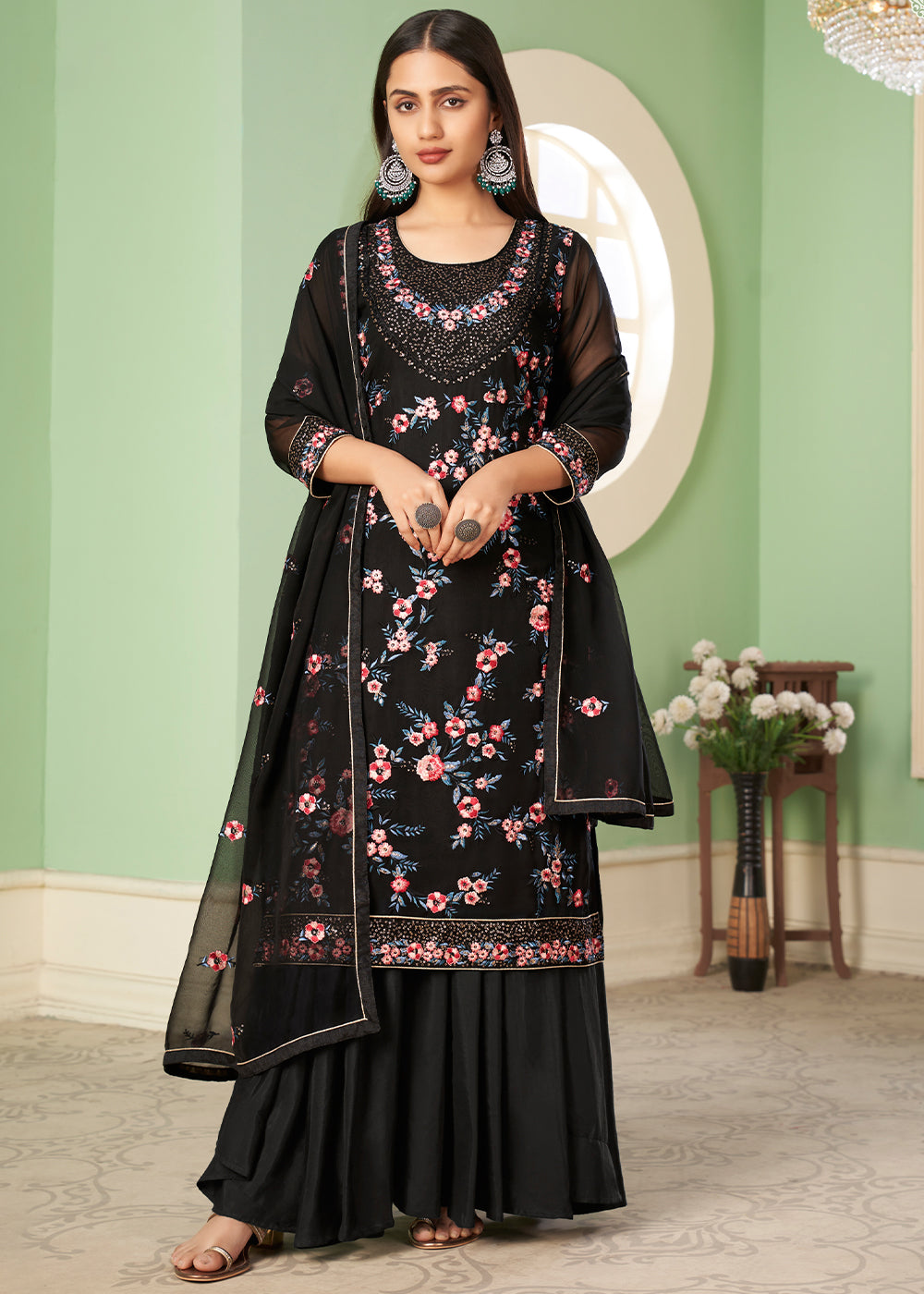 Pitch Black Georgette Salwar Suit with Multi Colour Thread Embroidery & Sequence work