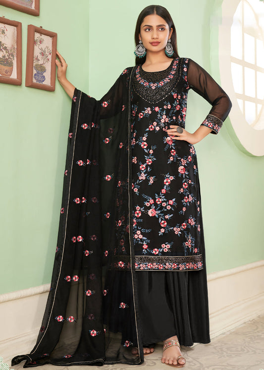 Pitch Black Georgette Salwar Suit with Multi Colour Thread Embroidery & Sequence work