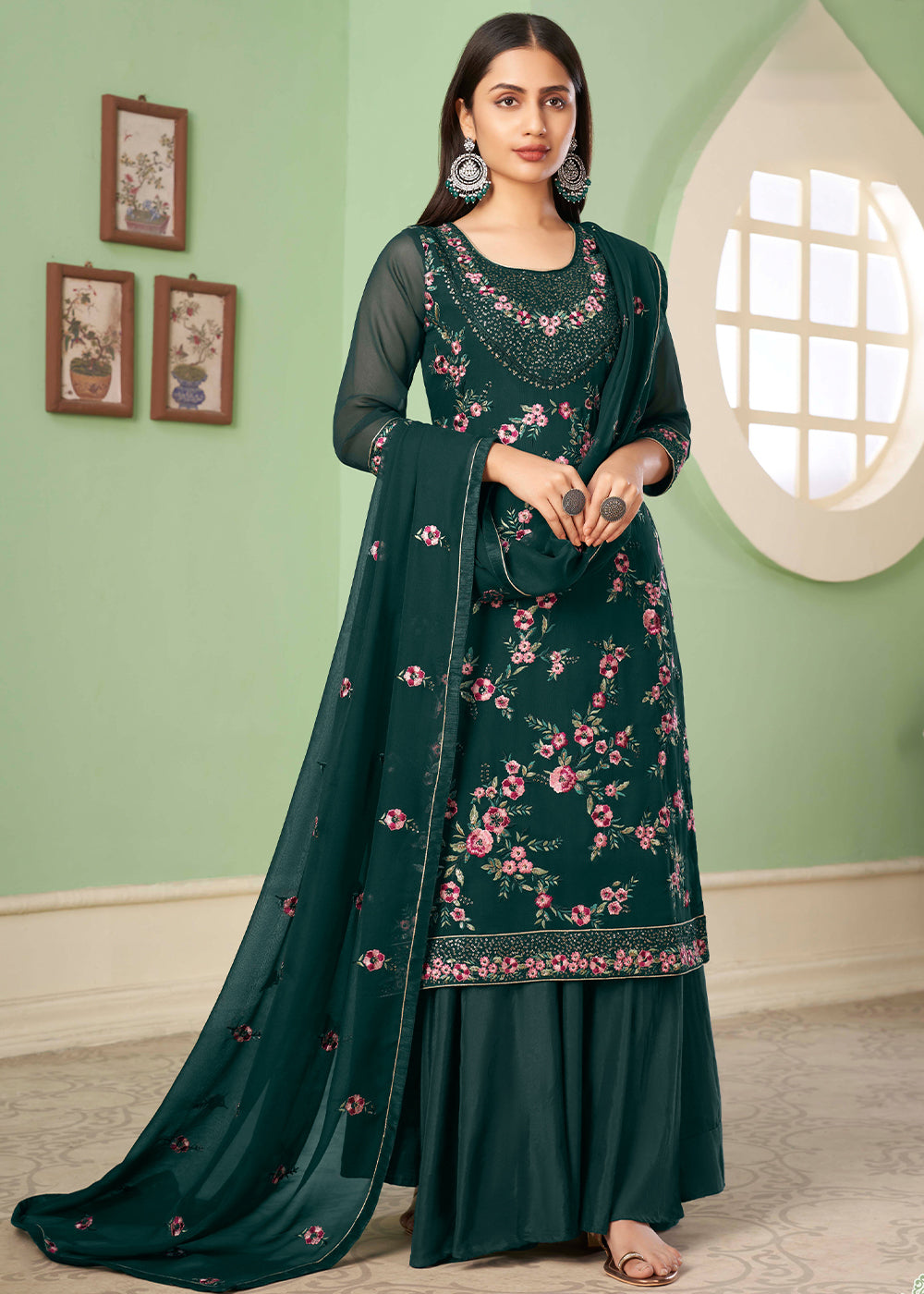 Pine Green Georgette Salwar Suit with Multi Colour Thread Embroidery & Sequence work