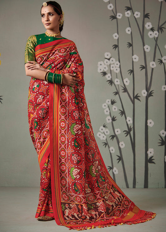 Green & Red Patola Printed Tussar Silk Saree