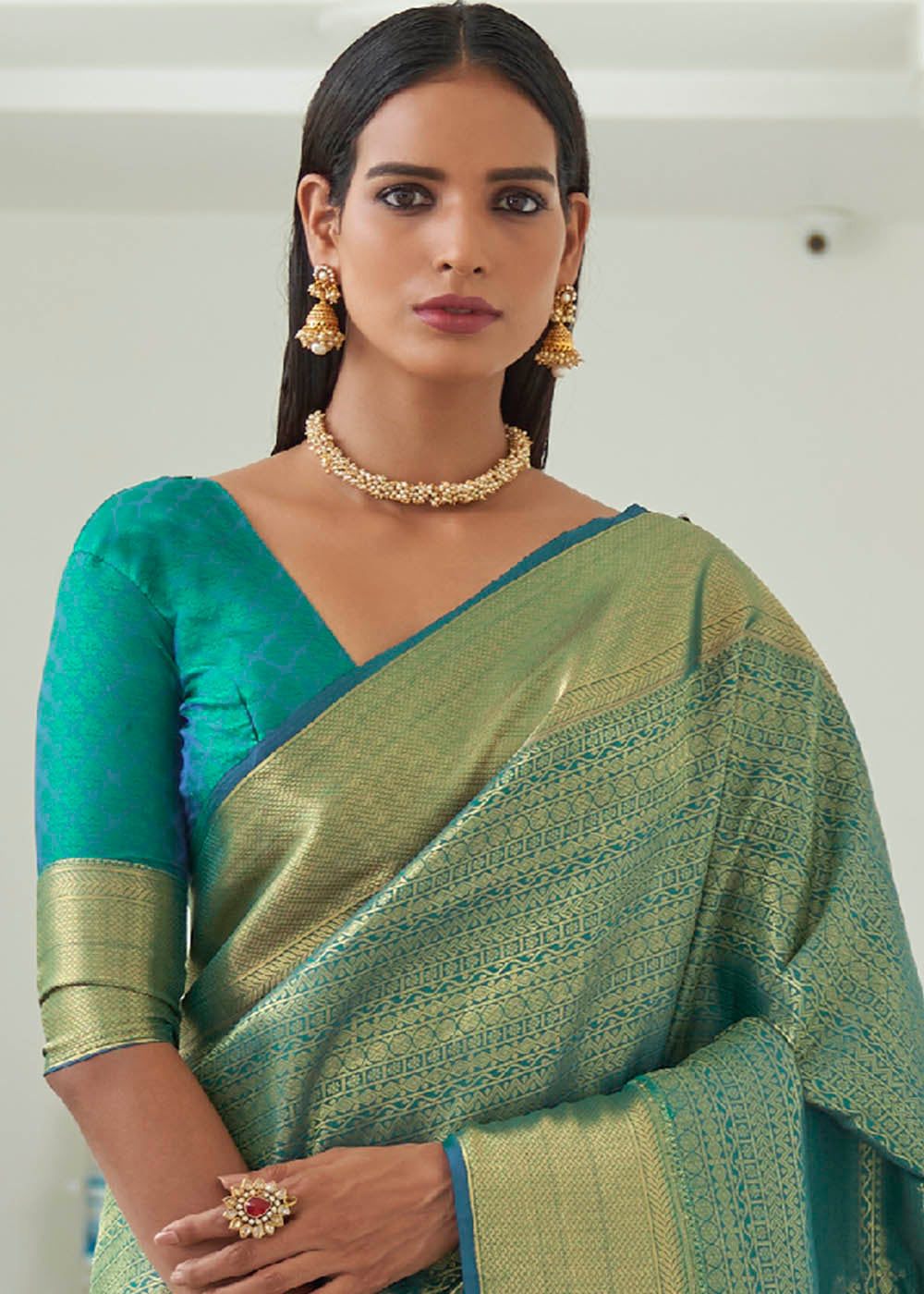 Caribbean Green Woven Kanjivaram Silk Saree