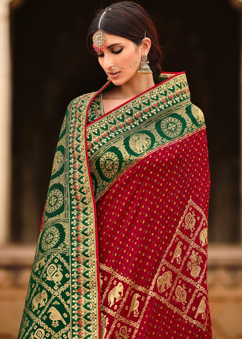 Red & Green Woven Dola Silk Saree Having Khatli work on Border & Blouse