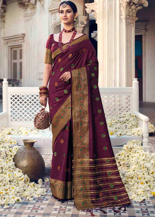 Mulberry Purple Floral Zari Woven Raw Silk Saree