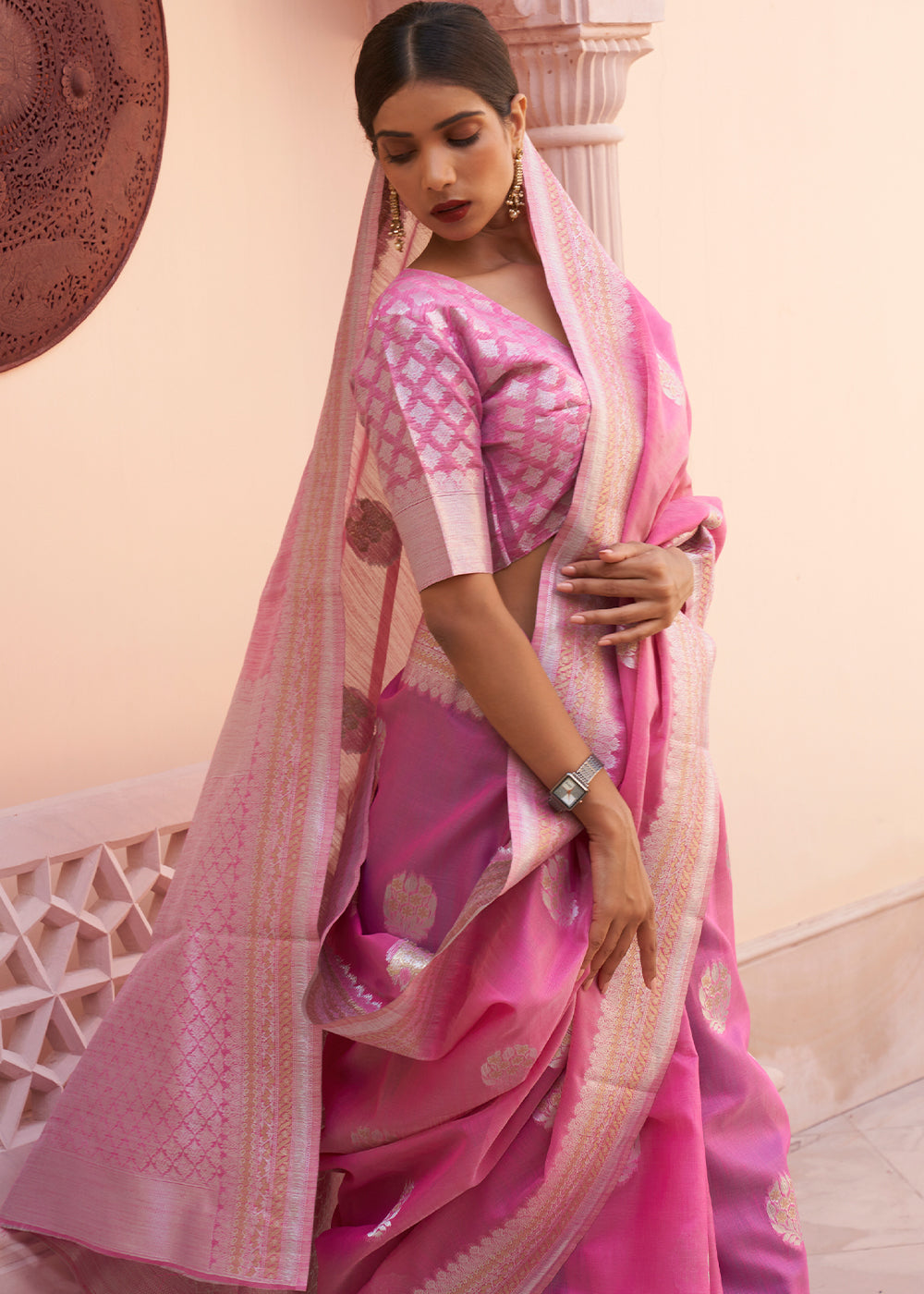 Fuscia Pink Woven Linen Silk Saree