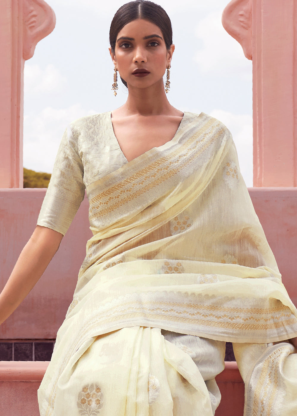 Light Yellow Woven Linen Silk Saree