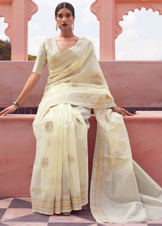 Light Yellow Woven Linen Silk Saree