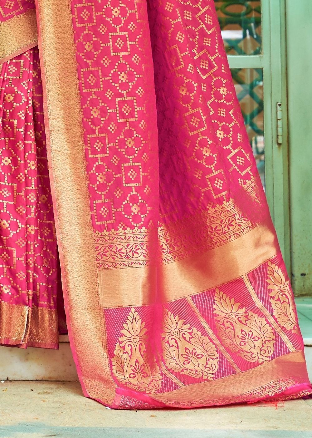 Ruby Pink Woven Banarasi Brocade Silk Saree