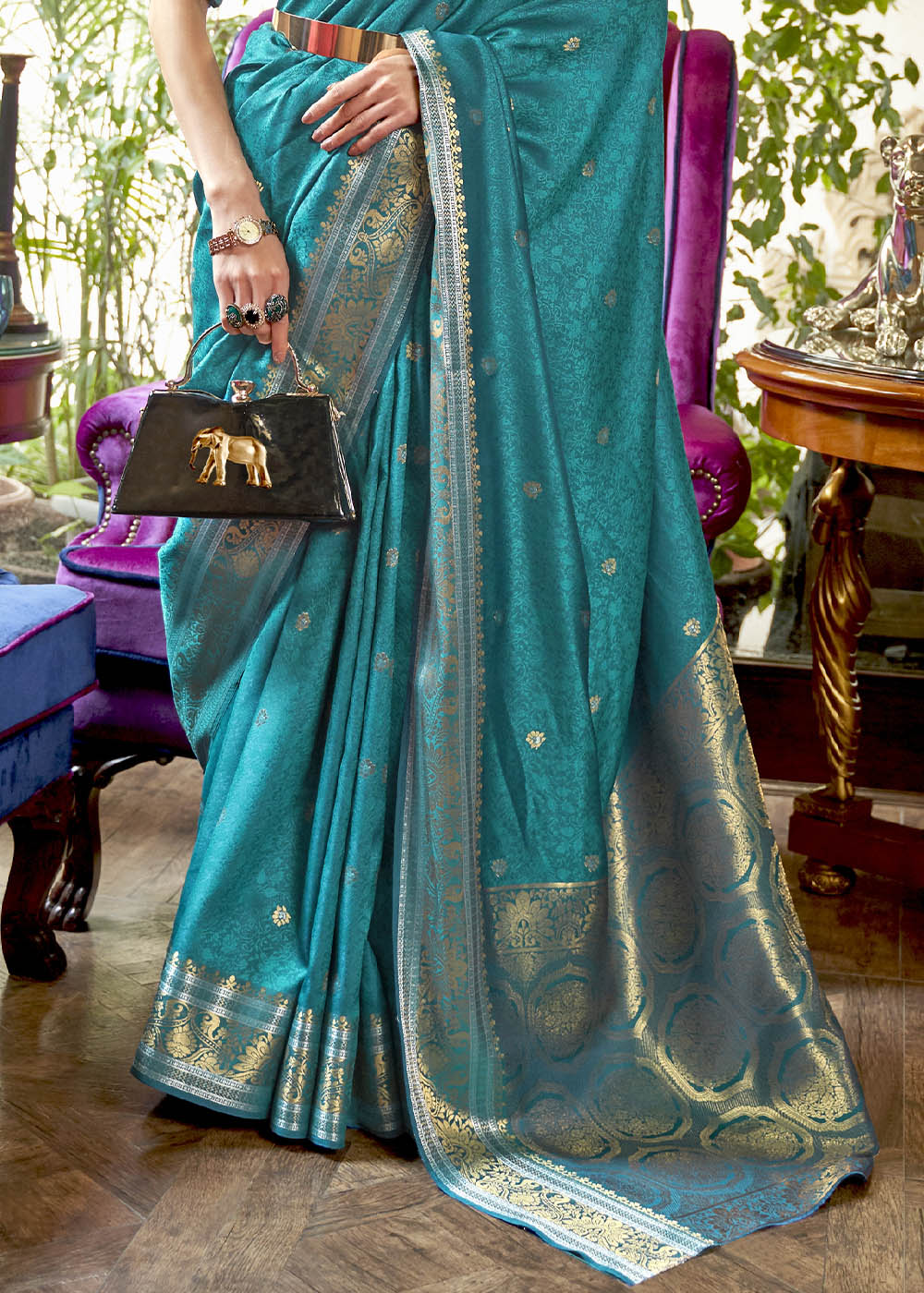 Curious Blue Kanjivaram Silk Saree Woven with Silver & Golden Zari