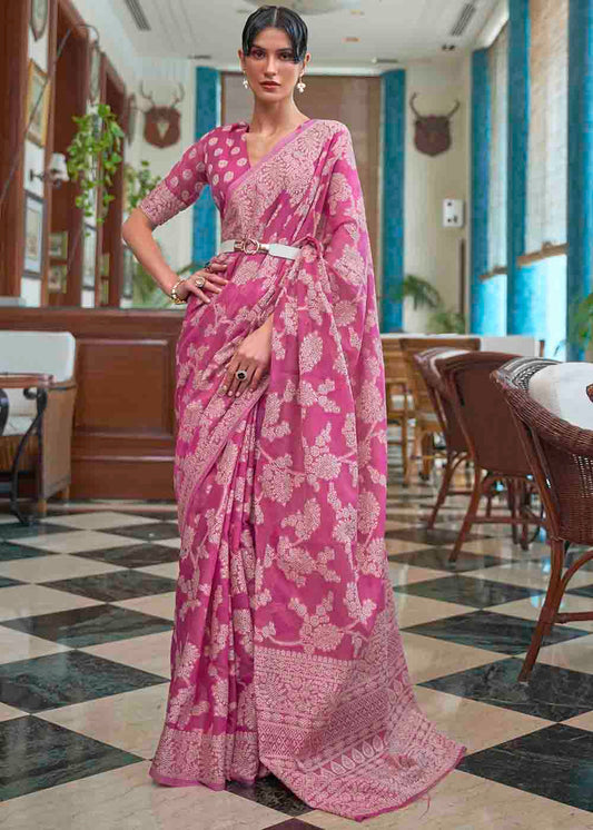 Magenta Pink Chikankari Weaving Silk Saree