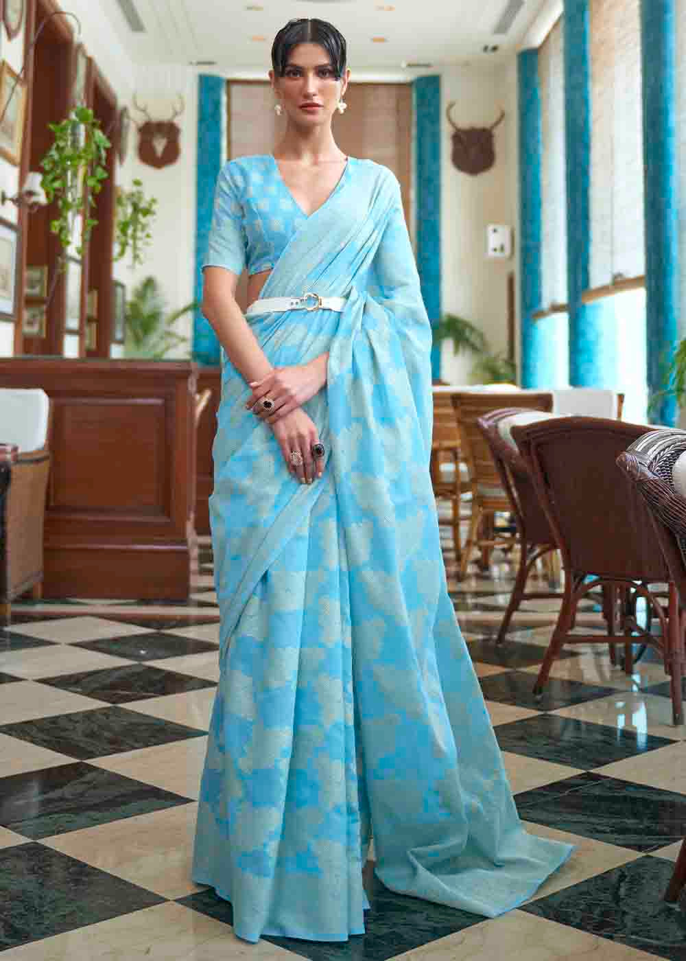 Olympic Blue Chikankari Weaving Silk Saree