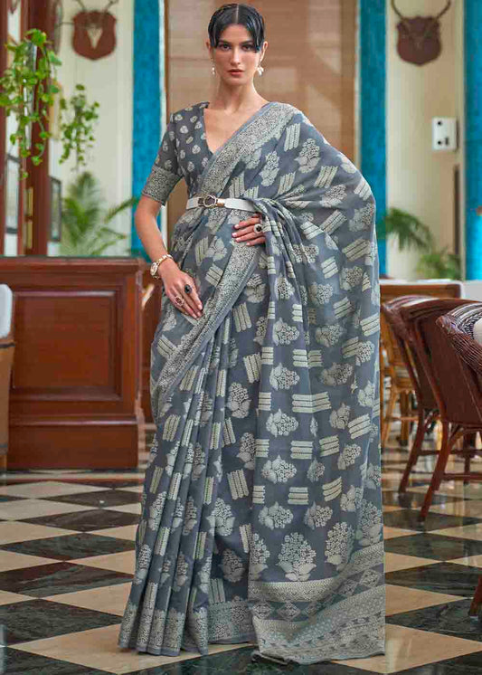 Anchor Grey Chikankari Weaving Silk Saree