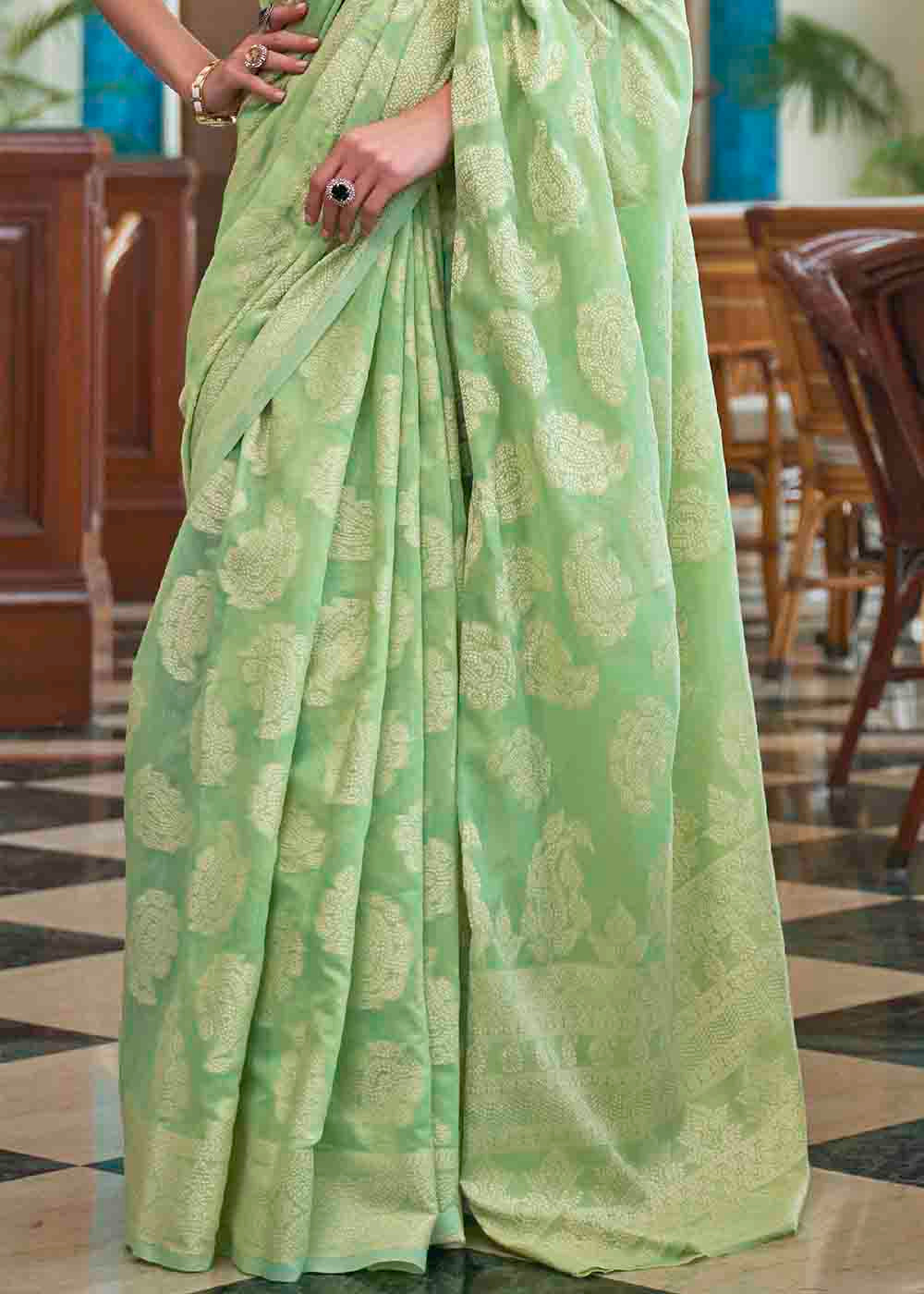 Pastel Green Chikankari Weaving Silk Saree