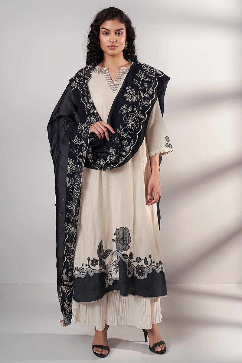 Milky White and Black Woven Chanderi Jacquard Kurta With Semi Sharara Bottom With Black Embroidered Organza Dupatta