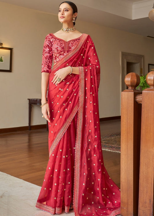 Cardinal Red Organza Saree with Dori, Sequins, Zari & Resham work