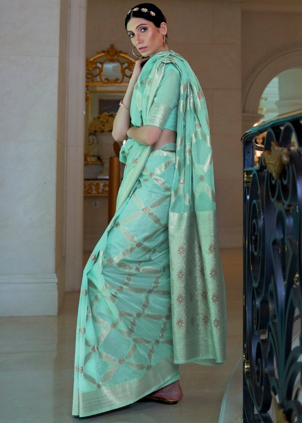 Turquoise Blue Banarasi-Chanderi Fusion Woven Silk Saree