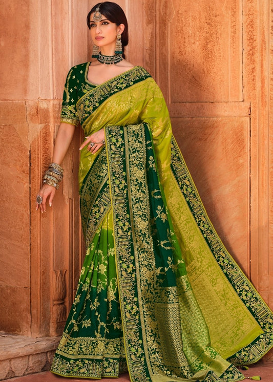 Shades Of Green Woven Dola Silk Saree Having Khatli work on Border & Blouse