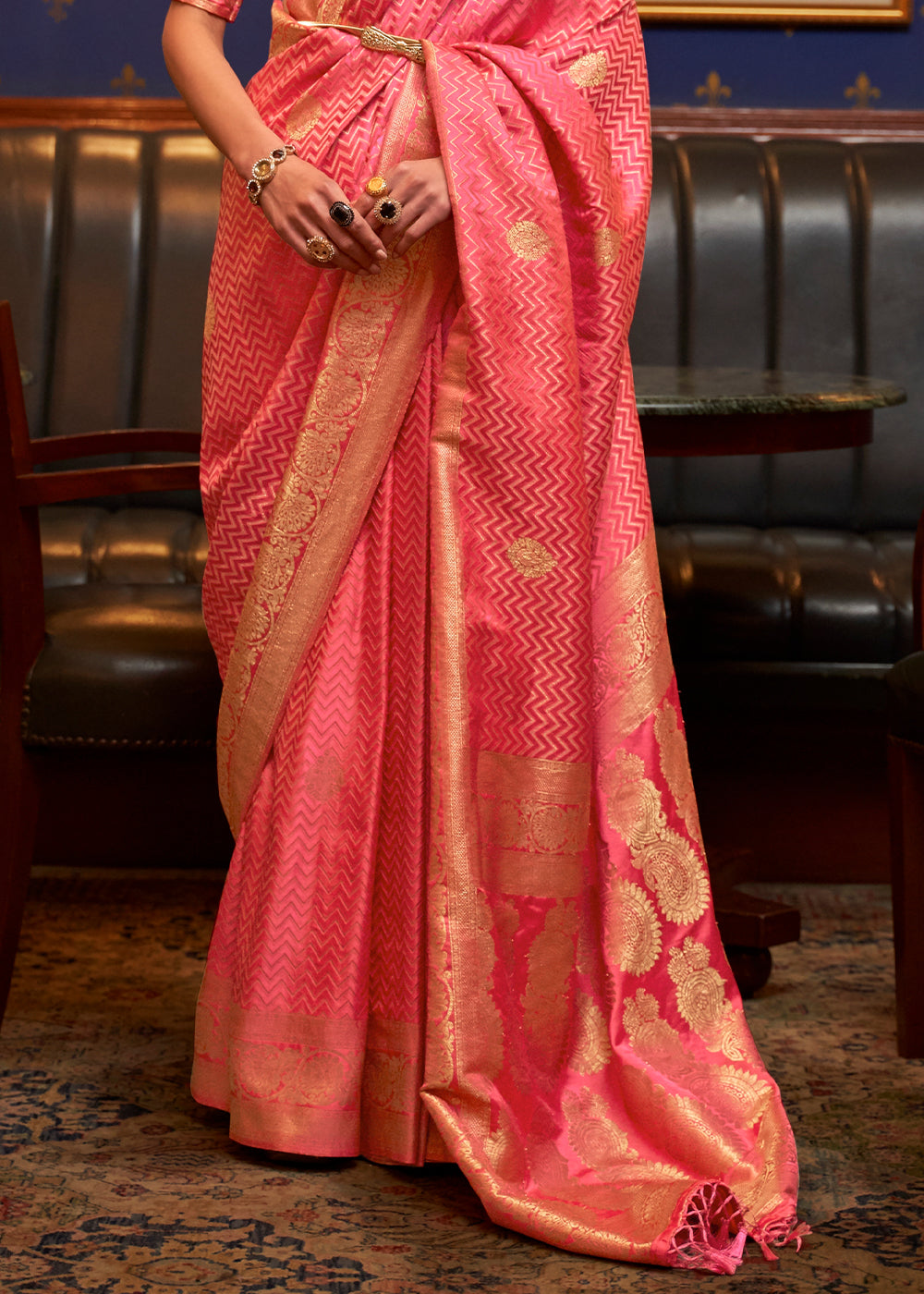 Brink Pink Designer Satin Silk Saree