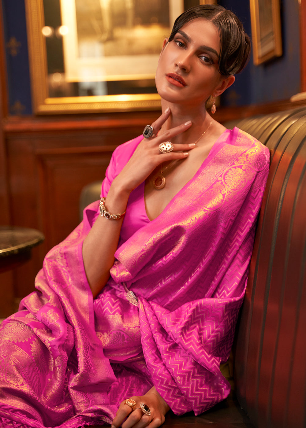 Shocking Pink Designer Satin Silk Saree