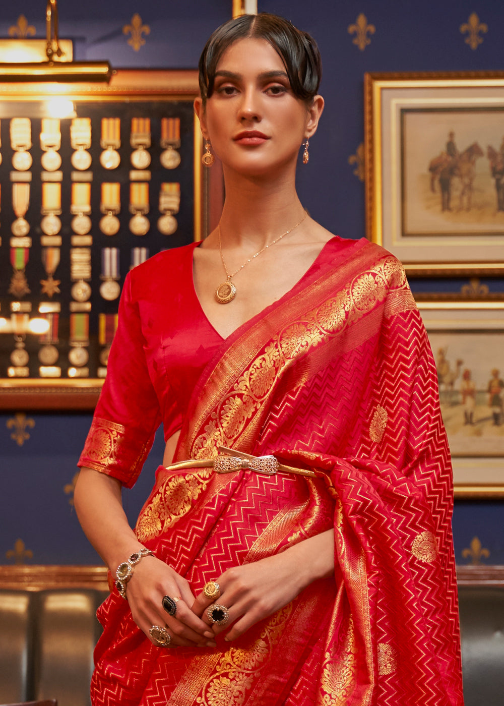 Scarlet Red Designer Satin Silk Saree