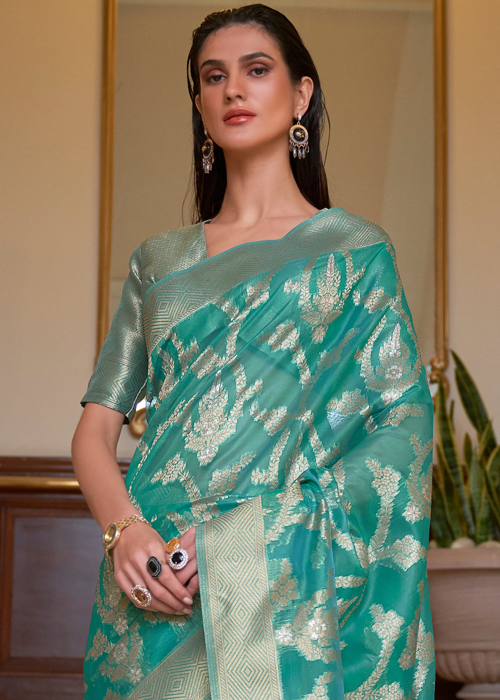 Tiffany Blue Green Two Tone Handloom Woven Organza Silk Saree