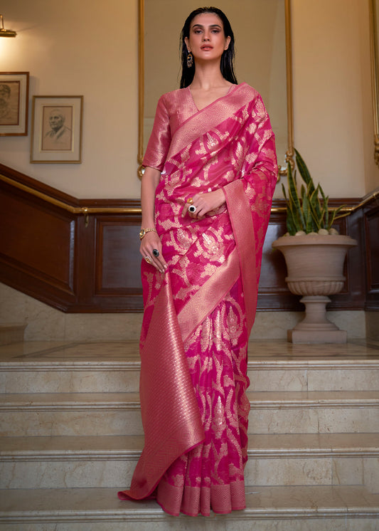 Hot Pink Two Tone Handloom Woven Organza Silk Saree