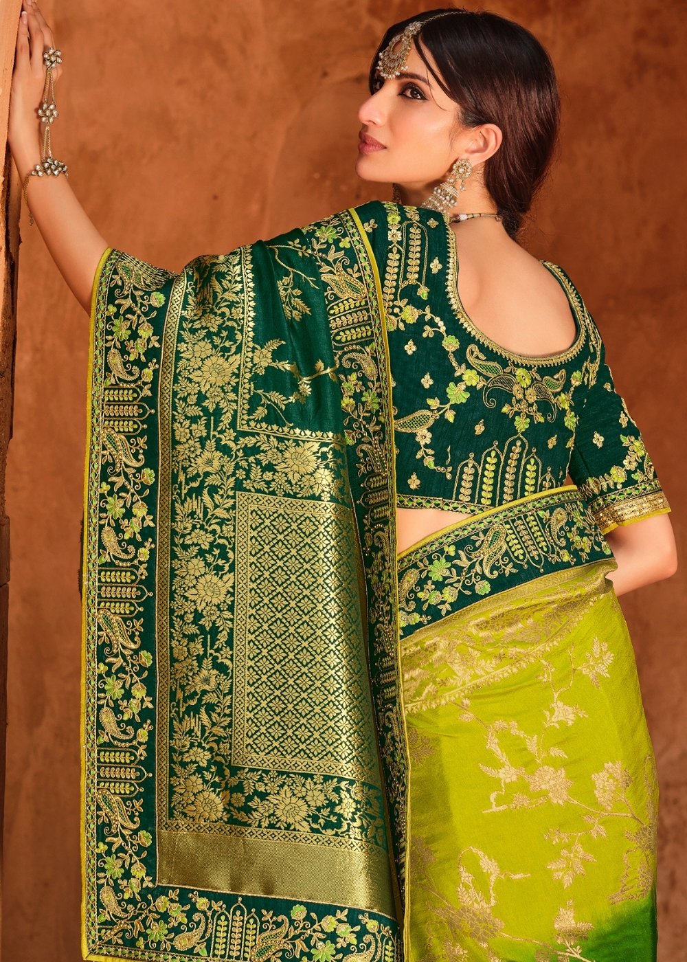 Shades Of Green Woven Dola Silk Saree Having Khatli work on Border & Blouse