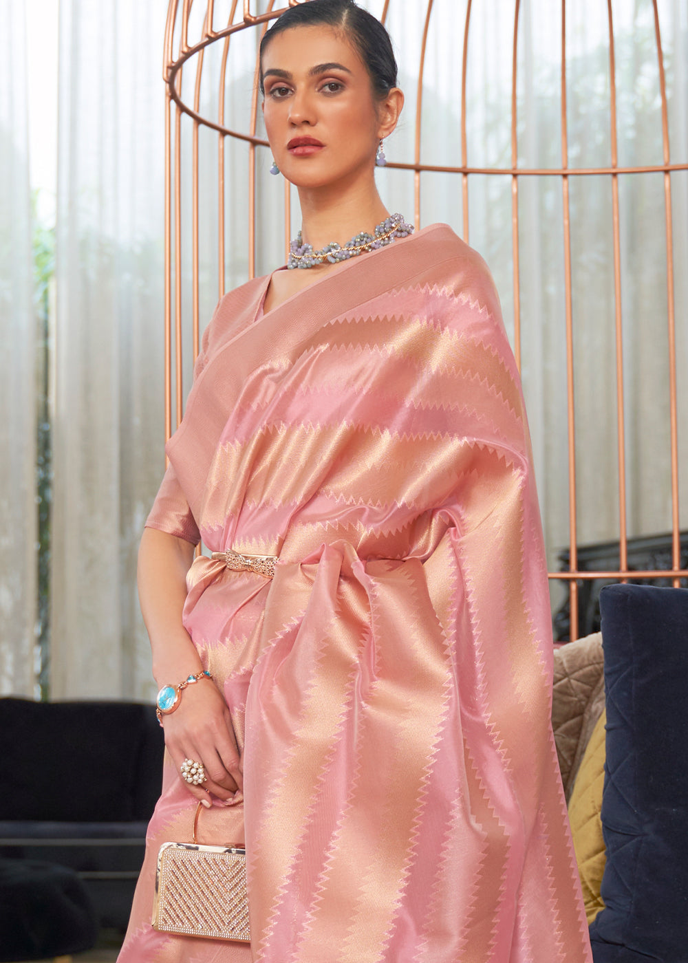 Shades Of Pink Lehariya Handloom Weaving Organza Silk Saree