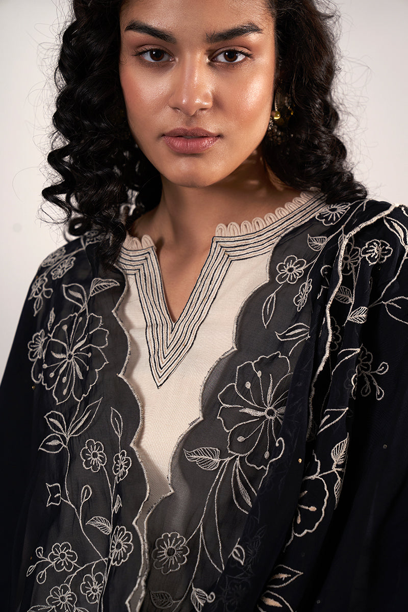 Milky White and Black Woven Chanderi Jacquard Kurta With Semi Sharara Bottom With Black Embroidered Organza Dupatta