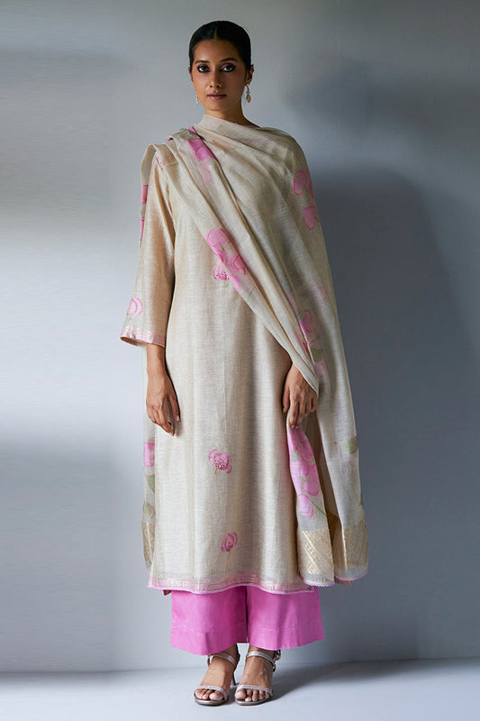 Beige and Pink Woven Kurta Suit Set With Delicate Hand Work Detailing