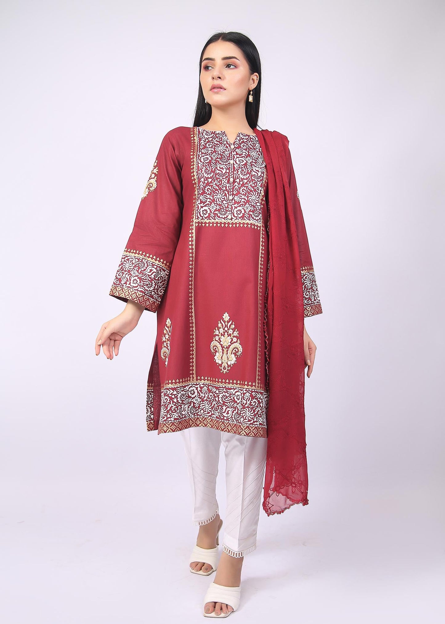 FashionPorters - Unstitched 3 Piece Block Printed Cotton Lawn Light Maroon Suit SUS22-RY12