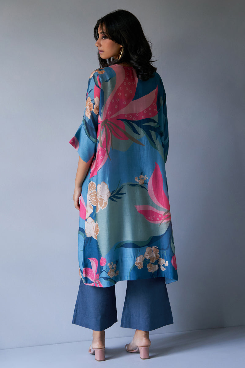 Midnight Blue, Pink and Pistachio Mix Colour Bemberg Silk Printed Co-ord Set