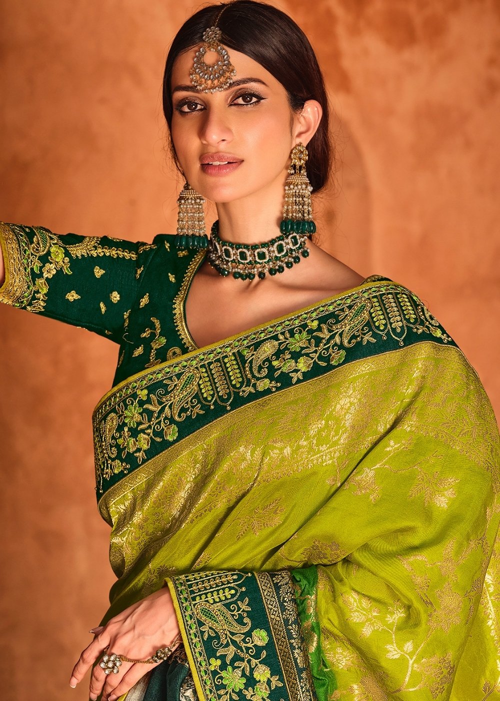 Shades Of Green Woven Dola Silk Saree Having Khatli work on Border & Blouse