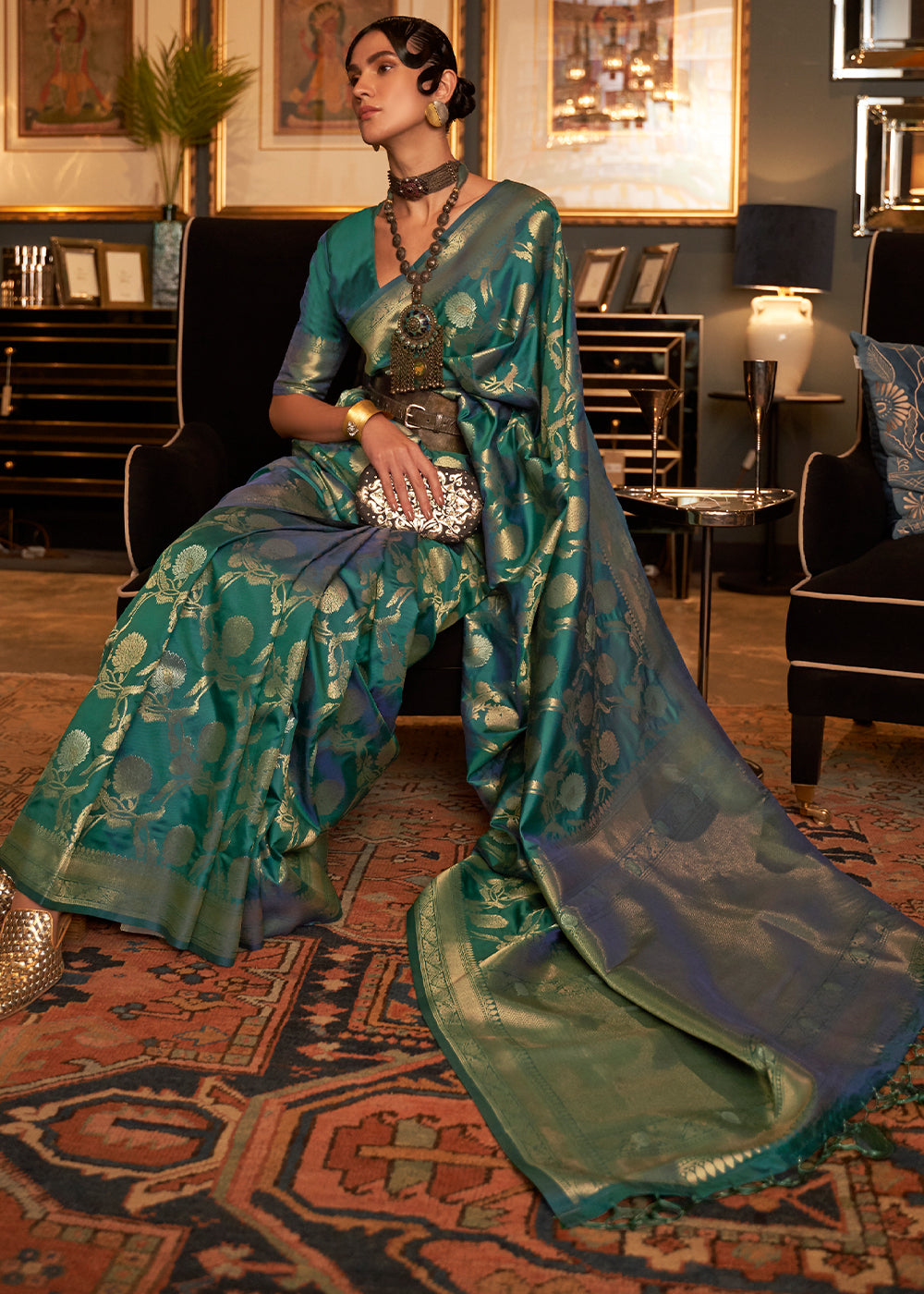 Pine Green Woven Banarasi Silk Saree with Tassels on Pallu