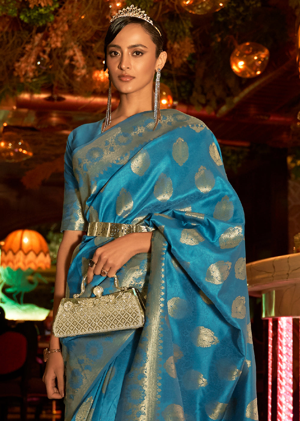 Cerulean Blue Handloom Woven Banarasi Silk Saree