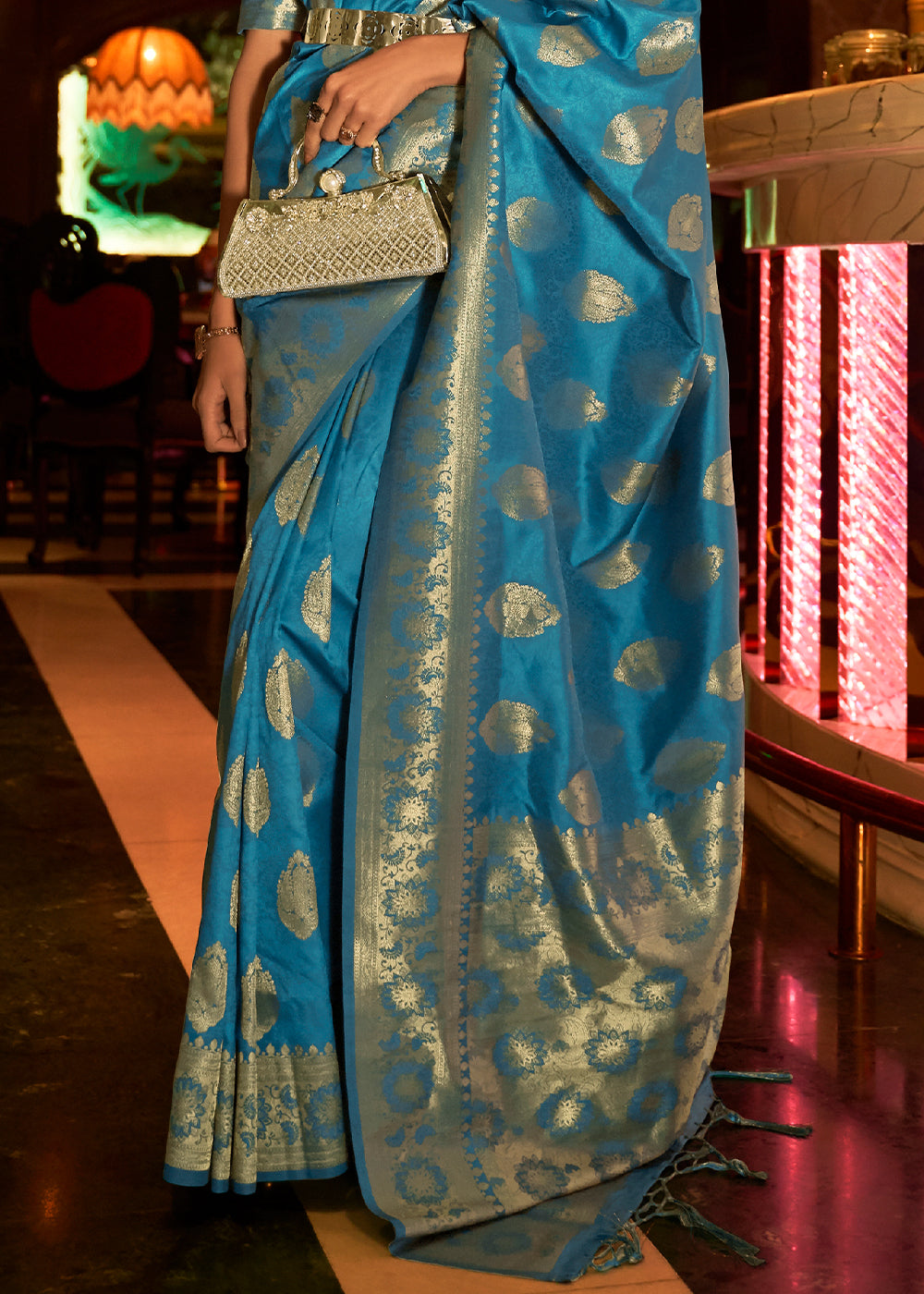 Cerulean Blue Handloom Woven Banarasi Silk Saree