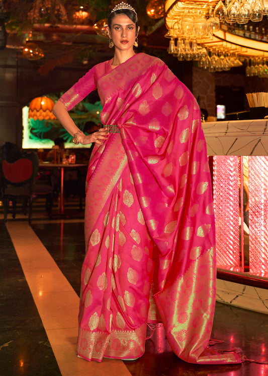 Bright Pink Handloom Woven Banarasi Silk Saree