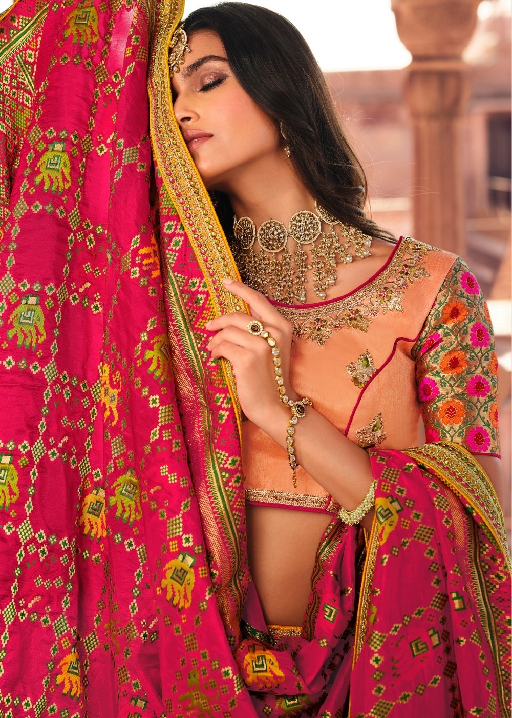 Salmon Pink & Magenta Banarasi Silk Lehenga Choli with Heavy Embroidery work