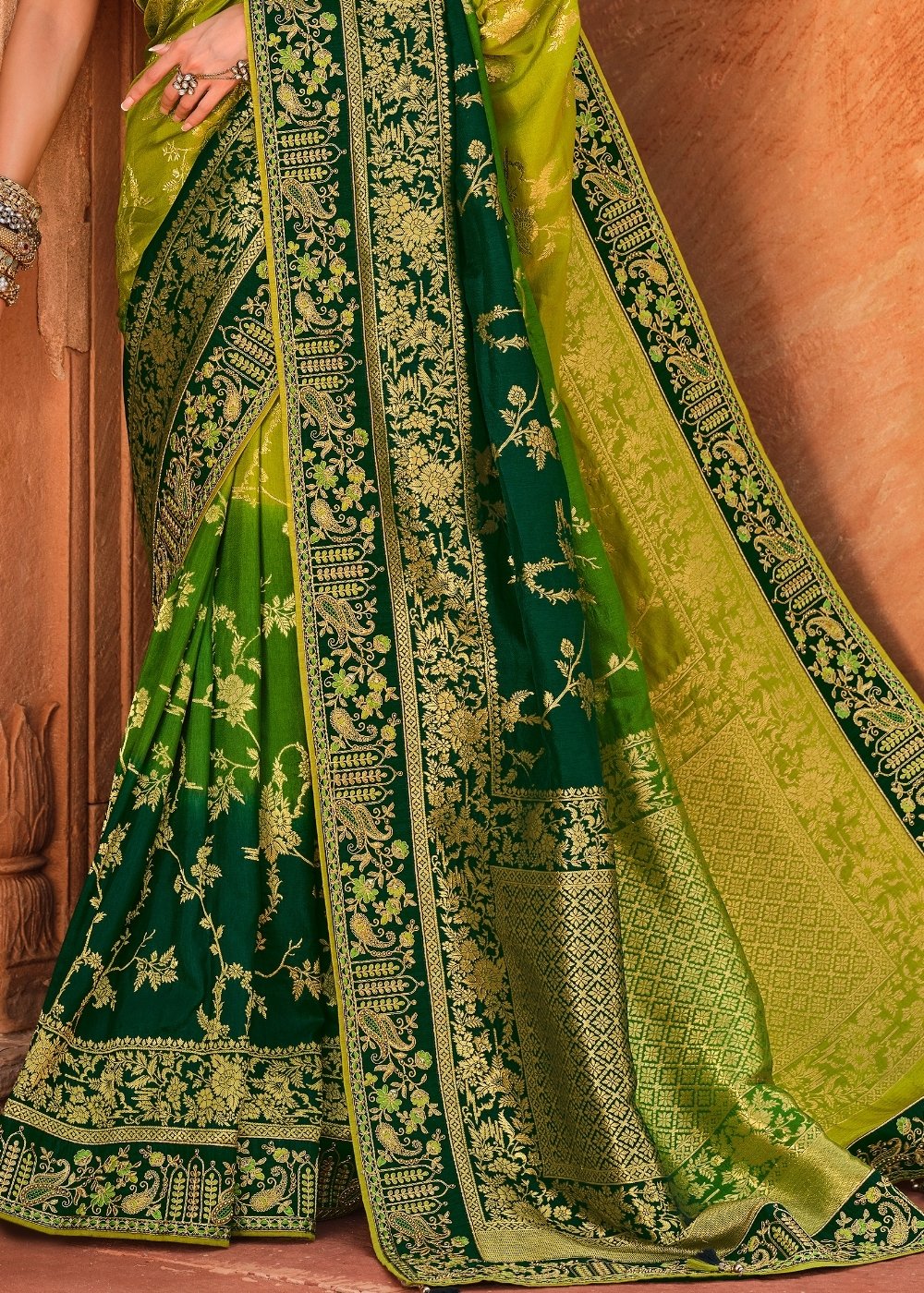 Shades Of Green Woven Dola Silk Saree Having Khatli work on Border & Blouse