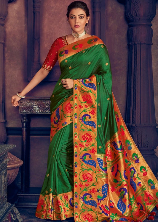 Dark Green Woven Paithani Silk Saree with Floral Motif Zari Border