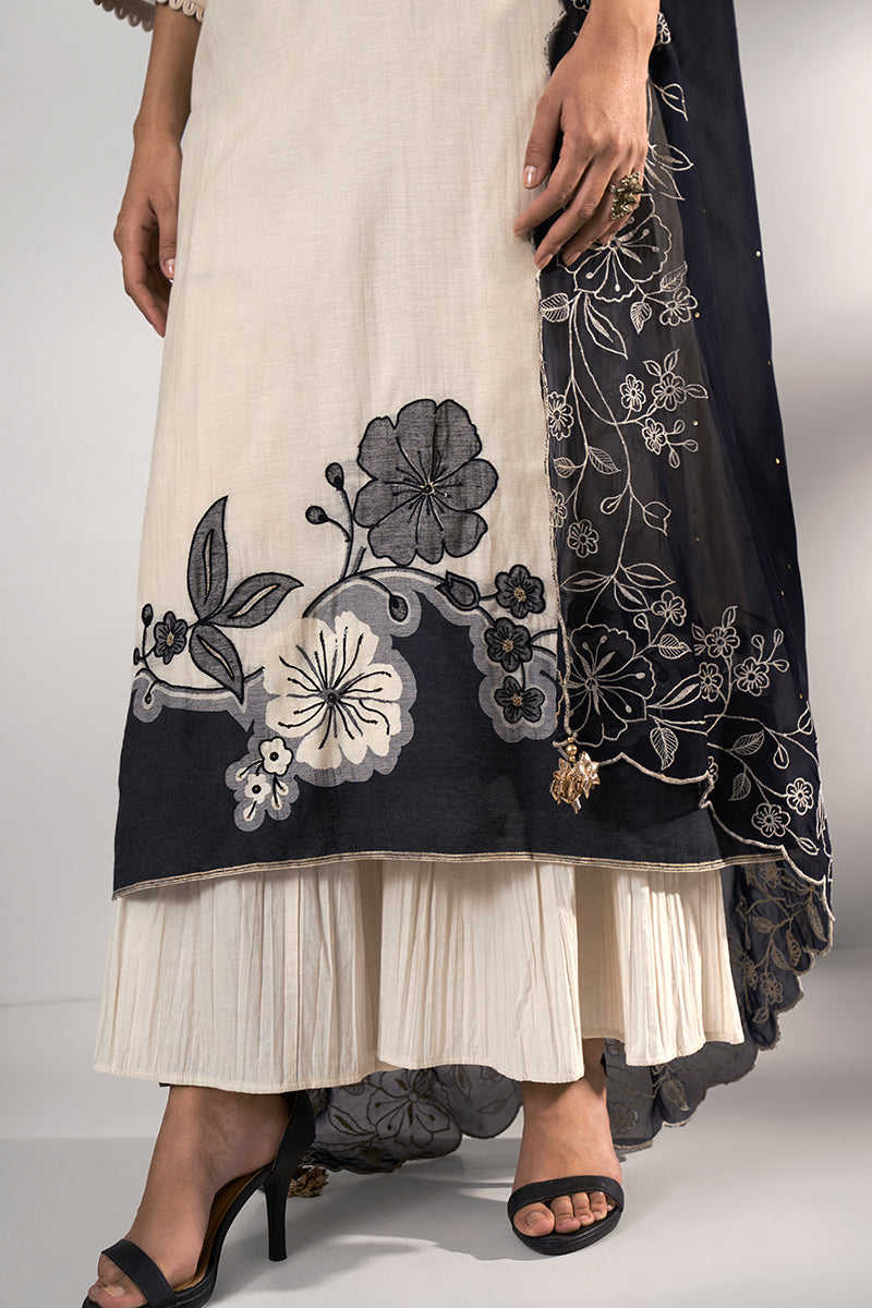 Milky White and Black Woven Chanderi Jacquard Kurta With Semi Sharara Bottom With Black Embroidered Organza Dupatta