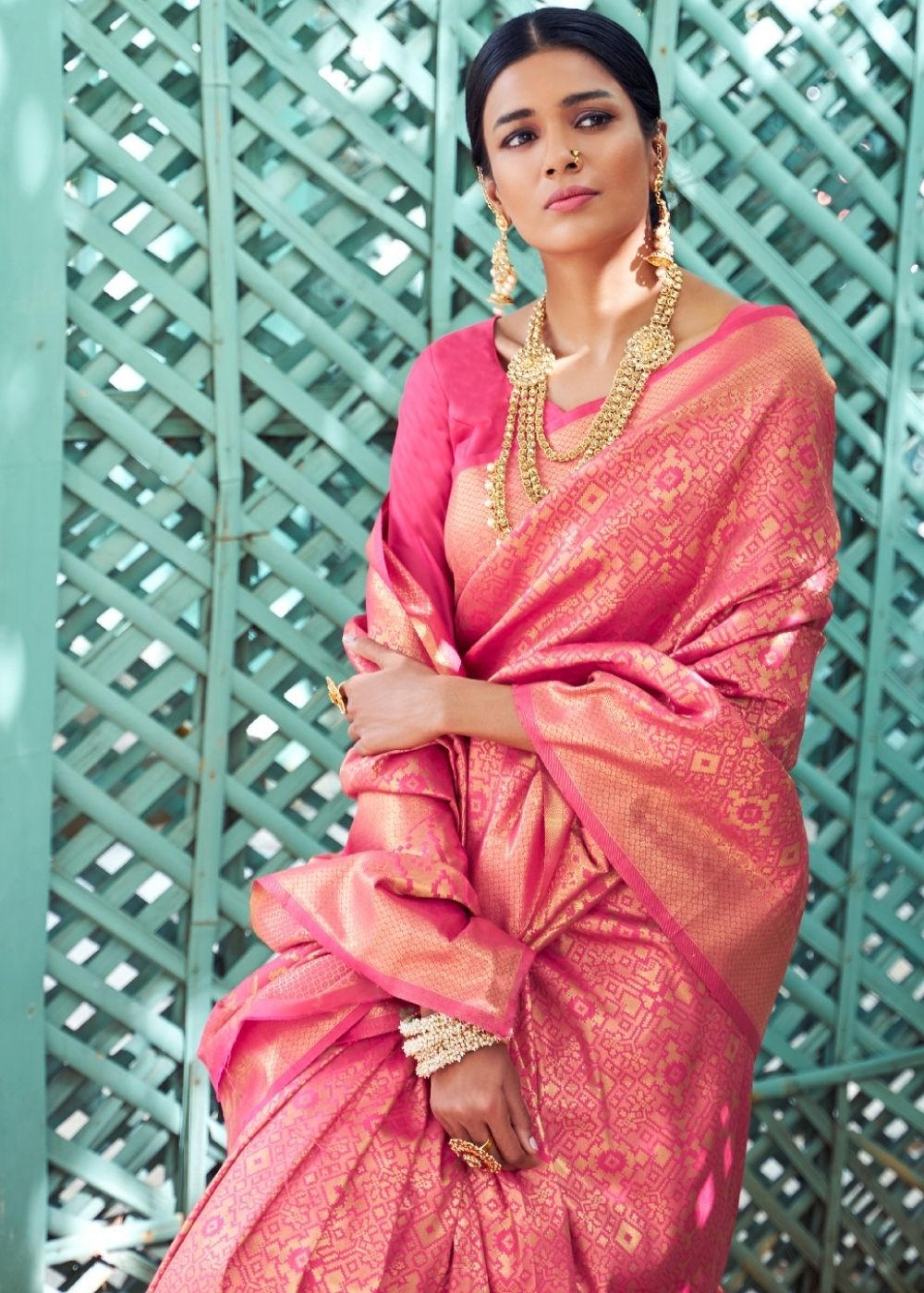 Cerise Pink and Golden Blend Woven Banarasi Silk Saree