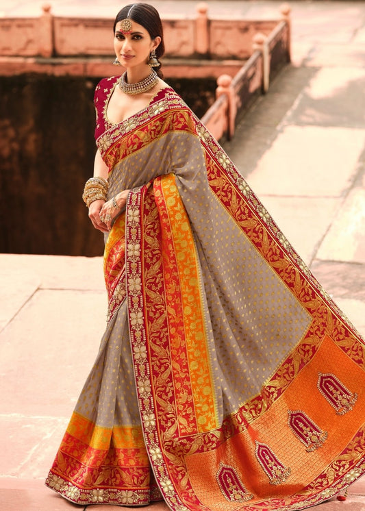 Grey & Orange Woven Dola Silk Saree Having Khatli work on Border & Blouse