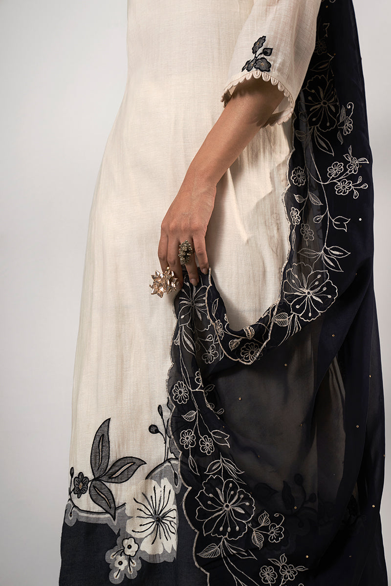 Milky White and Black Woven Chanderi Jacquard Kurta With Semi Sharara Bottom With Black Embroidered Organza Dupatta