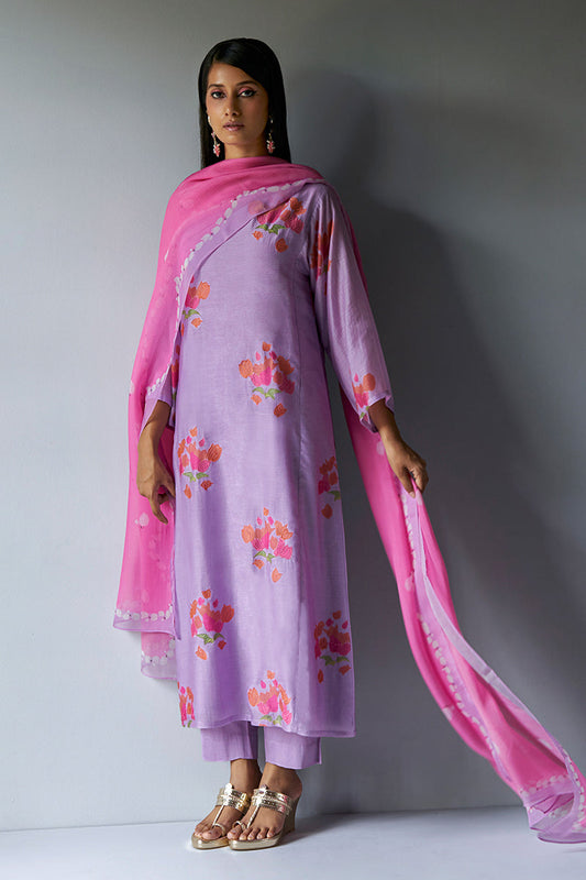 Lavender and Pink Bemberg Silk Printed Salwar Suit With Embroidery Detailing