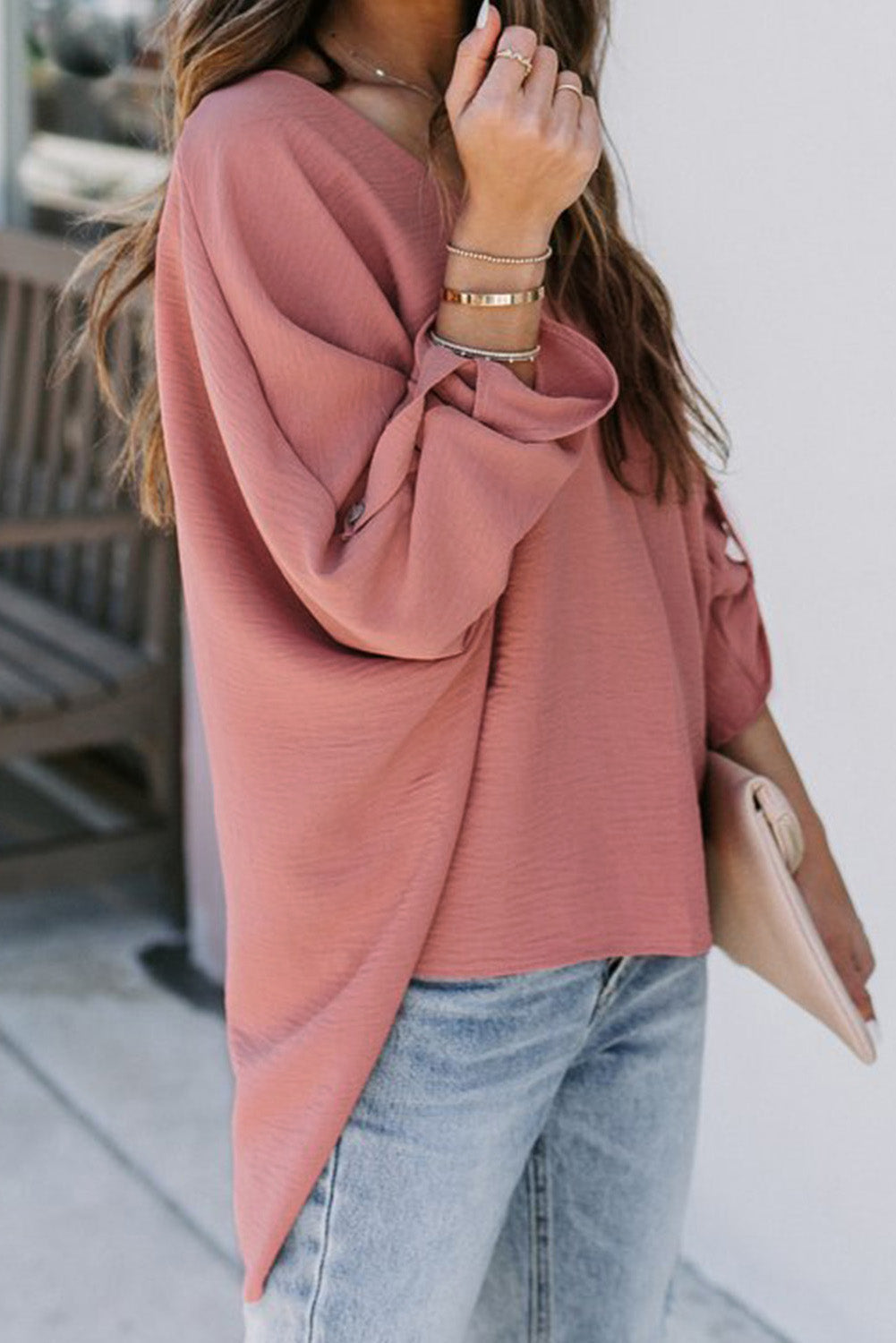 V-Neck Slit High-Low Blouse